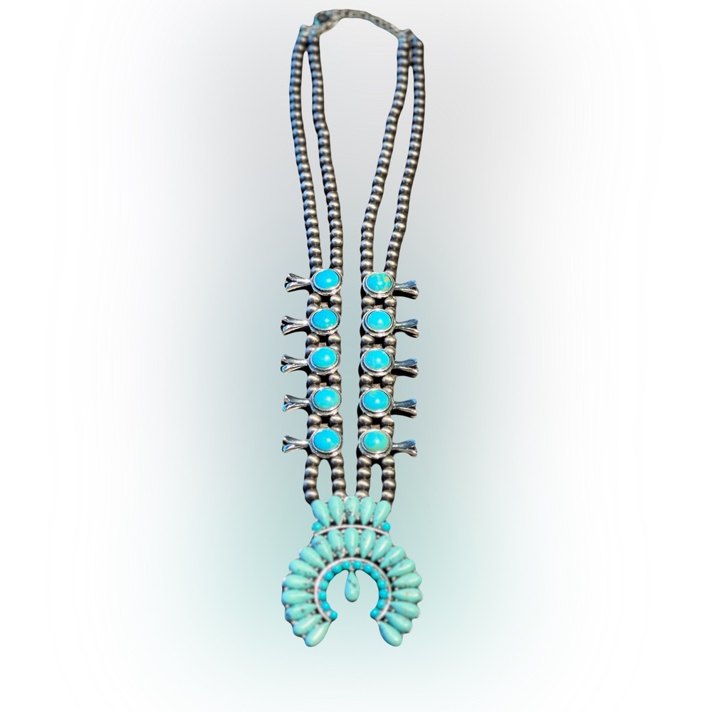Faux Turquoise and Silver Squash Blossom Women's Necklace Western Native
